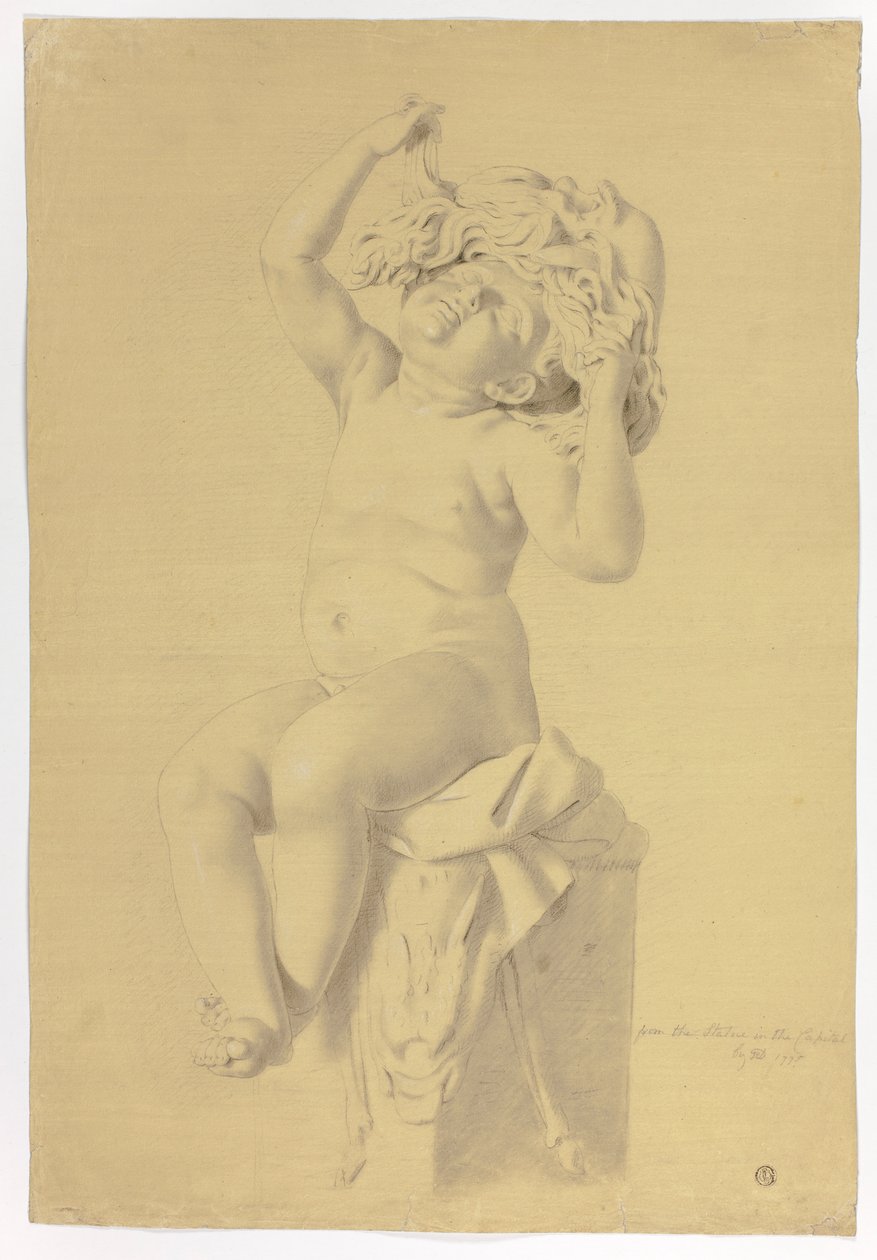 Antike Statue eines sitzenden Putto, der eine Maske des Silenus hält von John Downman