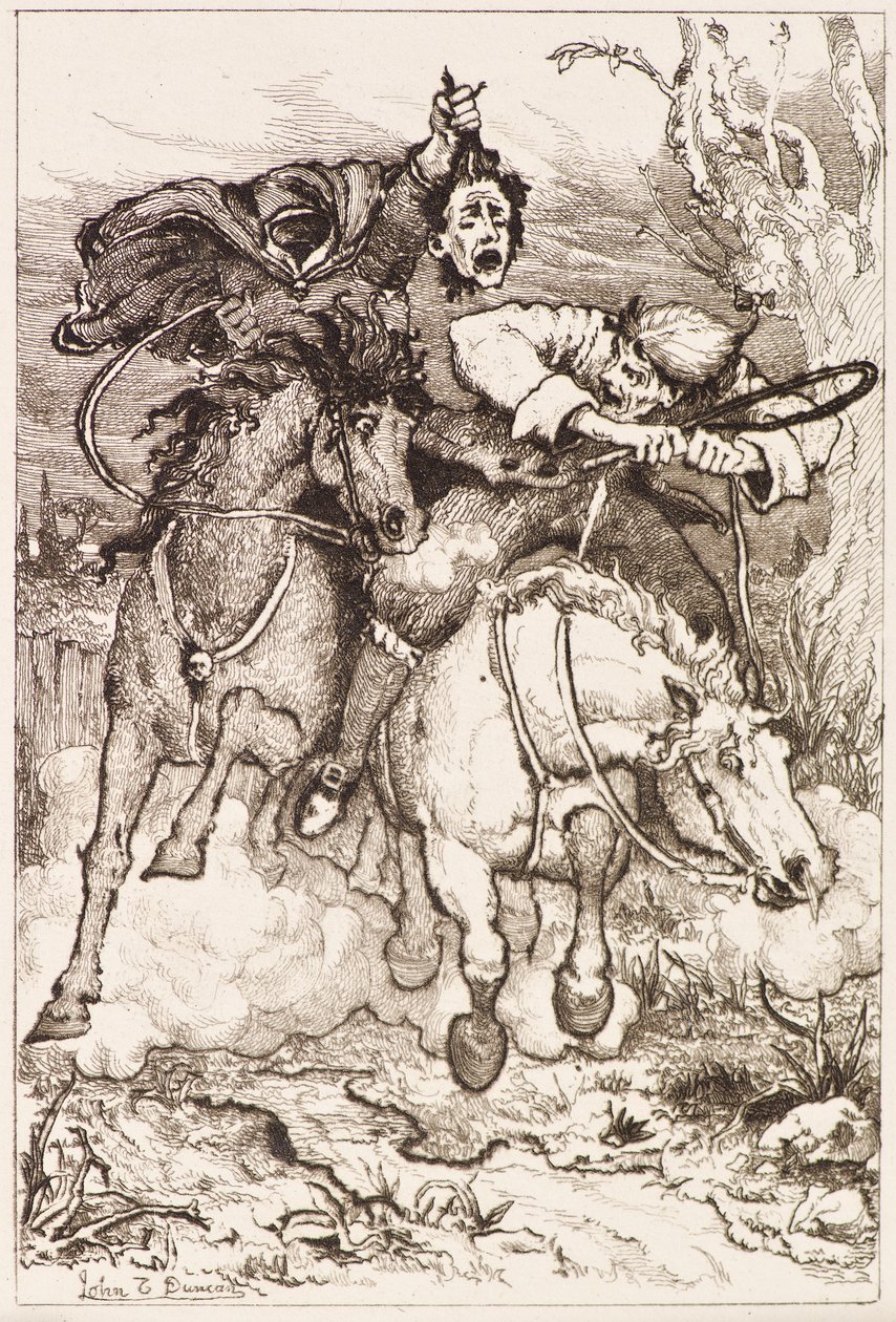 Zwei galoppierende Reiter [einer trägt seinen eigenen Kopf] von John Duncan