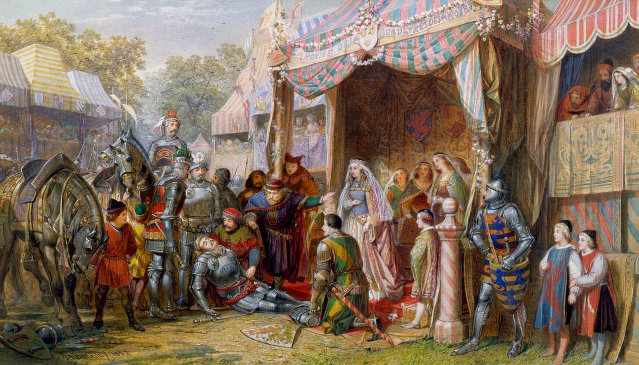 Lancelot kämpft gegen Sir Mador, um die Ehre von Guinevere vor König Arthur, Guinevere und dem Königshof zu verteidigen von John Edmund Buckley