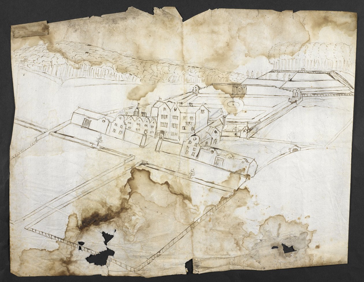 Aussicht auf Wotton mit dem Garten, der Grotte und der Umgebung von Nordwesten, ca. 1650 von John Evelyn
