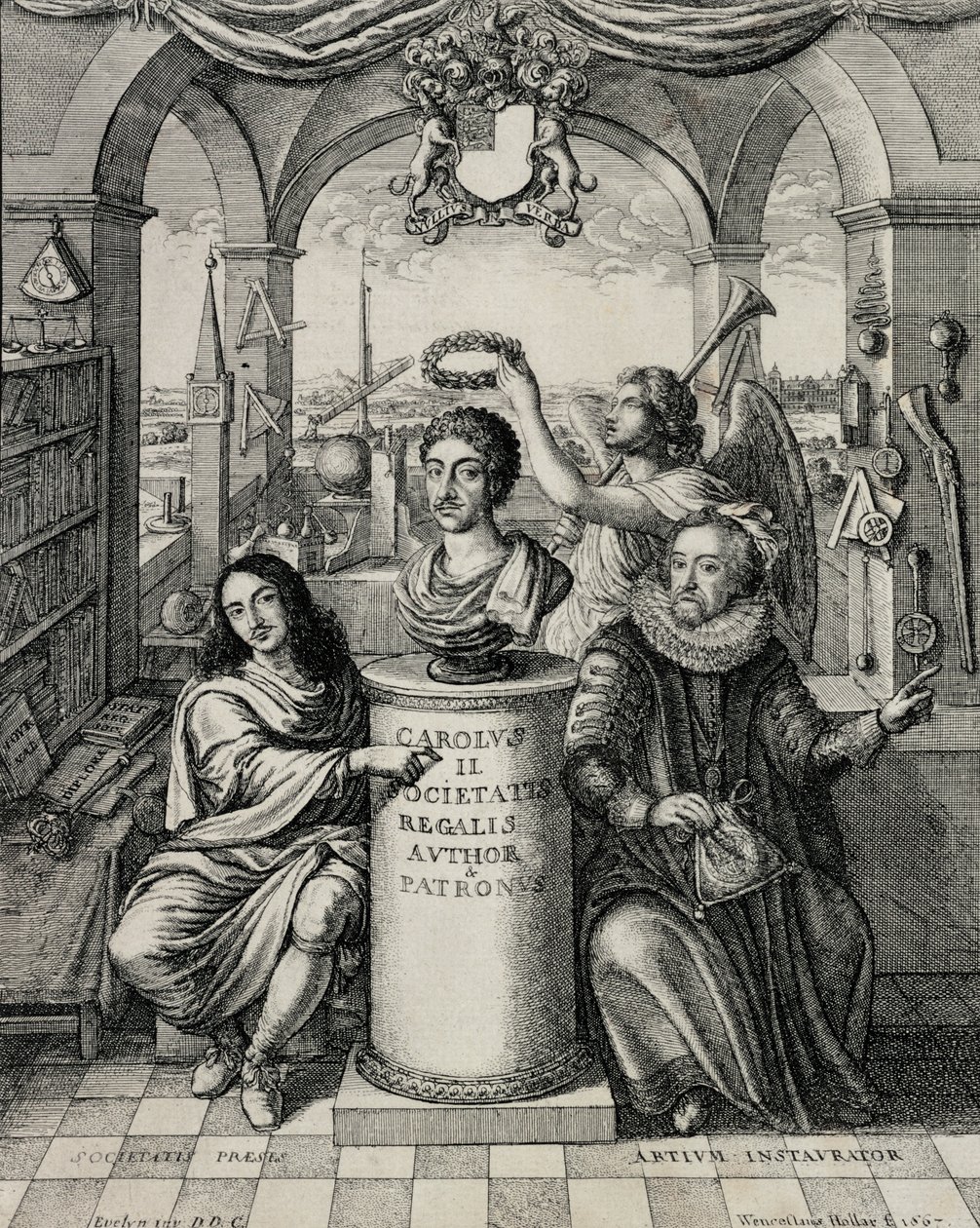 Karl II. (1630-85) als Patron der Royal Society, graviert von Wenceslaus Hollar, 1667 von John Evelyn