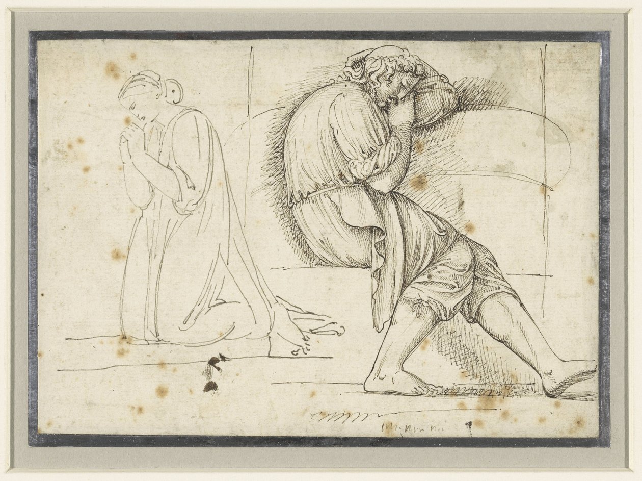 Studienblatt mit einem schlafenden jungen Mann und einer knienden betenden Frau von John Flaxman (II)