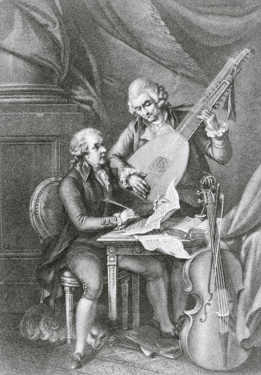 Porträt von Franz Joseph Haydn und Wolfgang Amadeus Mozart, Musik für die Laute komponierend, graviert von Michele Benedetti von John Francis Rigaud
