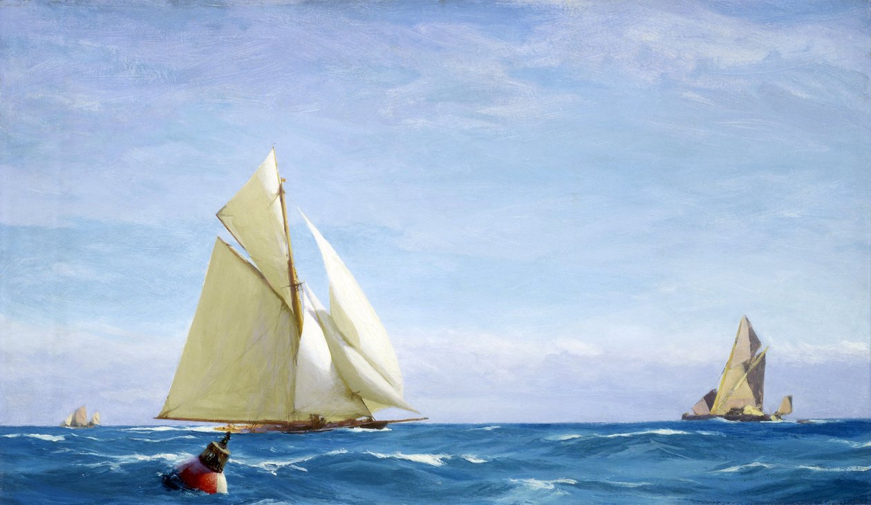 Ein großes Segelboot und eine Barke auf der Themse, vor der Küste eines Hafens, um 1910 von John Fraser