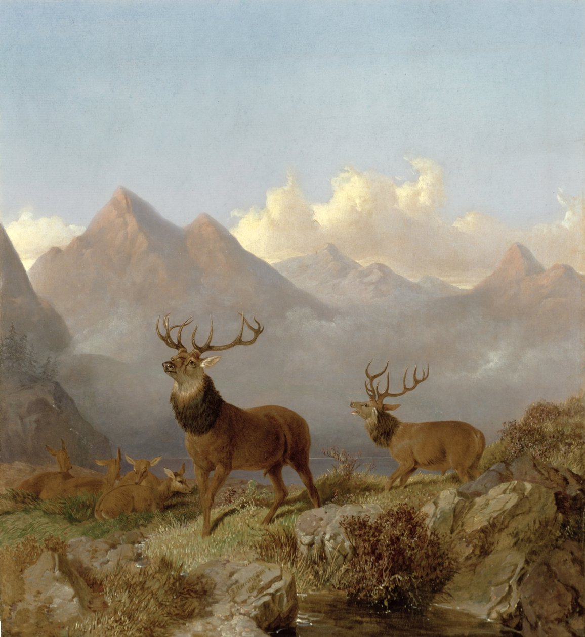 Detail von Hirschen und Hirschkühen in einer Hochlandlandschaft, 1864 von John Frederick Herring Junior