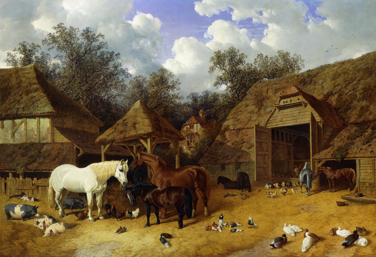 Der Bauernhof des Künstlers in Meopham, Kent, mit Pferden, Shetlandponys, Schweinen, Enten, Tauben und Hühnern von John Frederick Herring Senior
