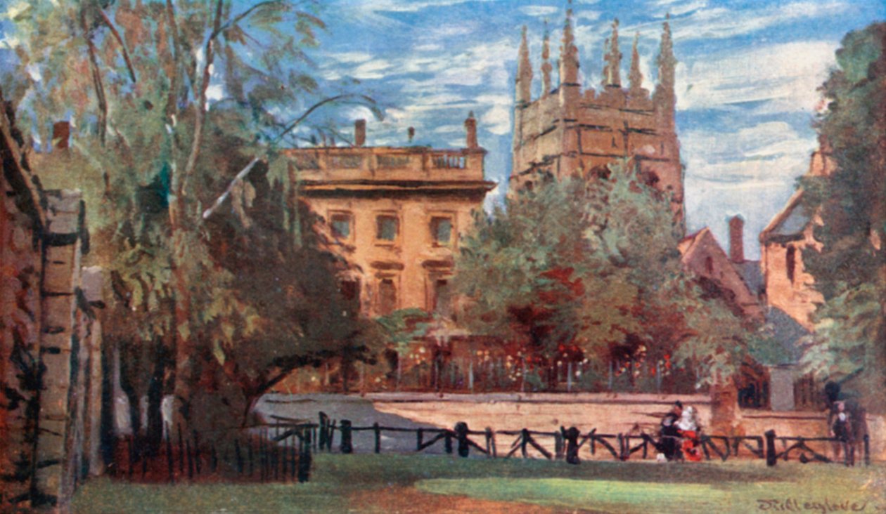 Corpus Christi College und Merton Tower, von Christ Church Meadows (Farblithografie) von John Fulleylove