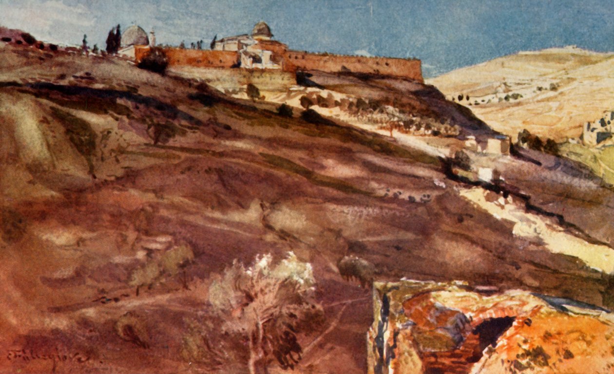 Jerusalem - Südwand des Tempelbereichs, vom Hinnom-Tal bei Sonnenuntergang, 1902 von John Fulleylove