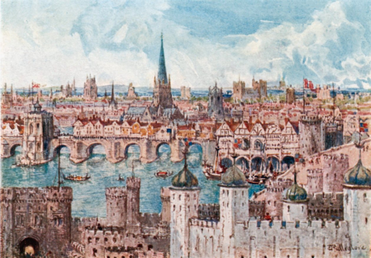 Alte Londoner Brücke im Jahr 1386 von John Fulleylove