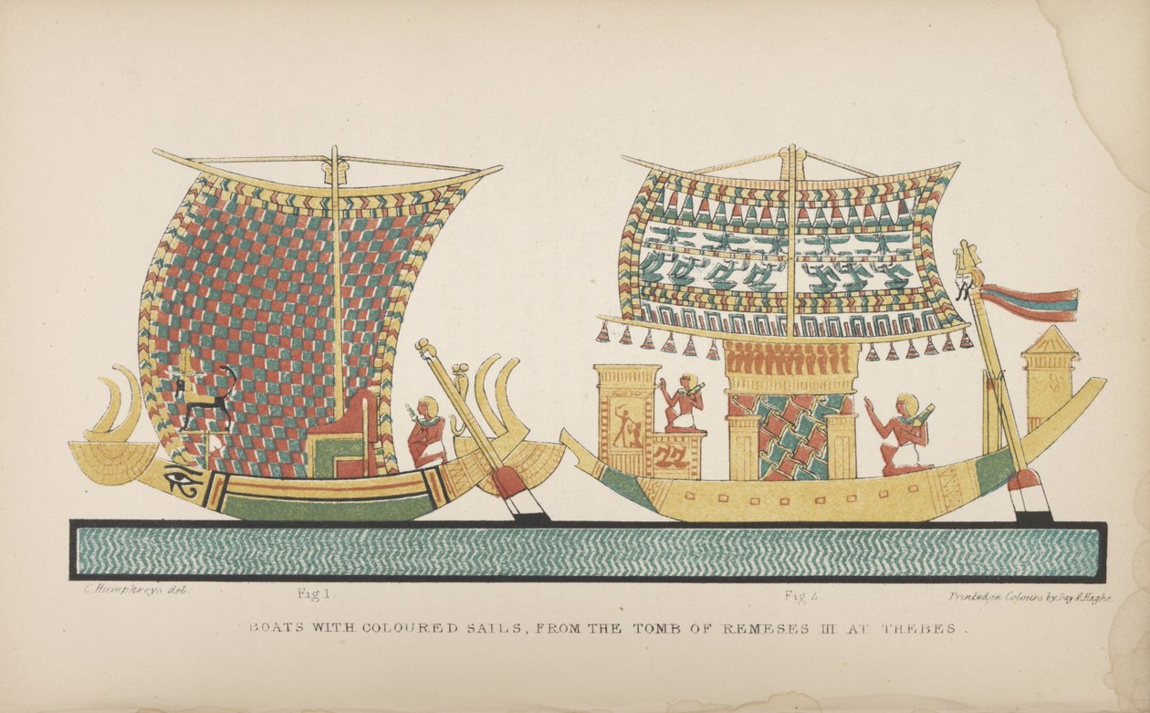 Boote mit farbigen Segeln, aus dem Grab von Ramses III. in Theben, Illustration aus "Sitten und Gebräuche der alten Ägypter...", 1837-41 von John Gardner Wilkinson