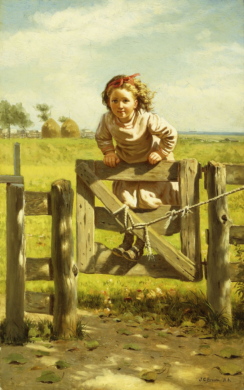 Junges Mädchen schaukelt an einem Tor von John George Brown