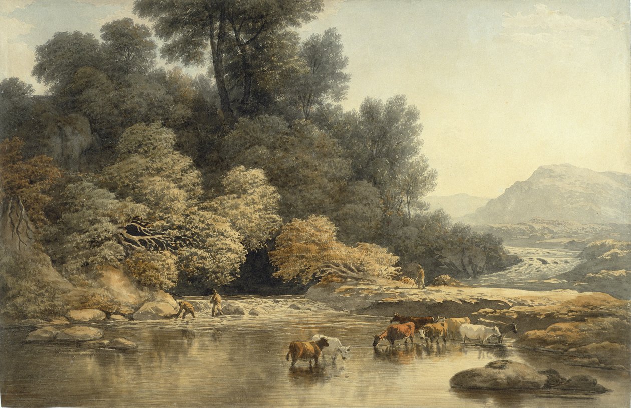 Hügelige Landschaft mit Fluss und Vieh, ca. 1810 von John Glover