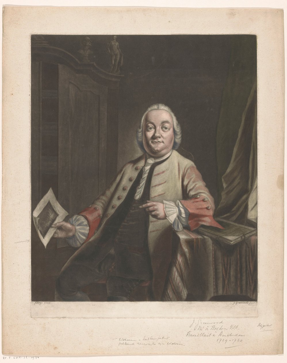 Porträt von Simon Fokke mit dem Druck der Plünderung des Hauses von Gerrit Hagedooren, 1751 von John Greenwood