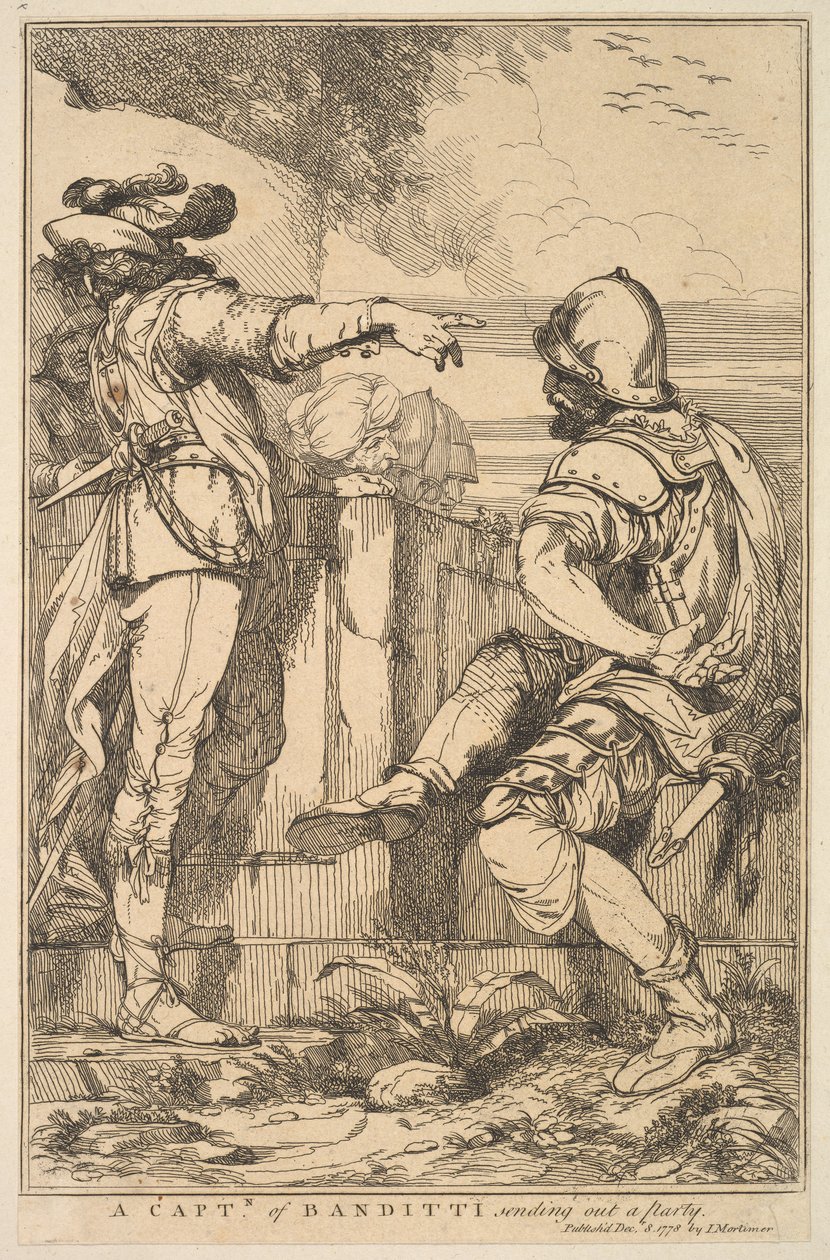 Ein Hauptmann der Banditen, der eine Gruppe aussendet, aus Fünfzehn Radierungen gewidmet an..., 8. Dezember 1778 von John Hamilton Mortimer