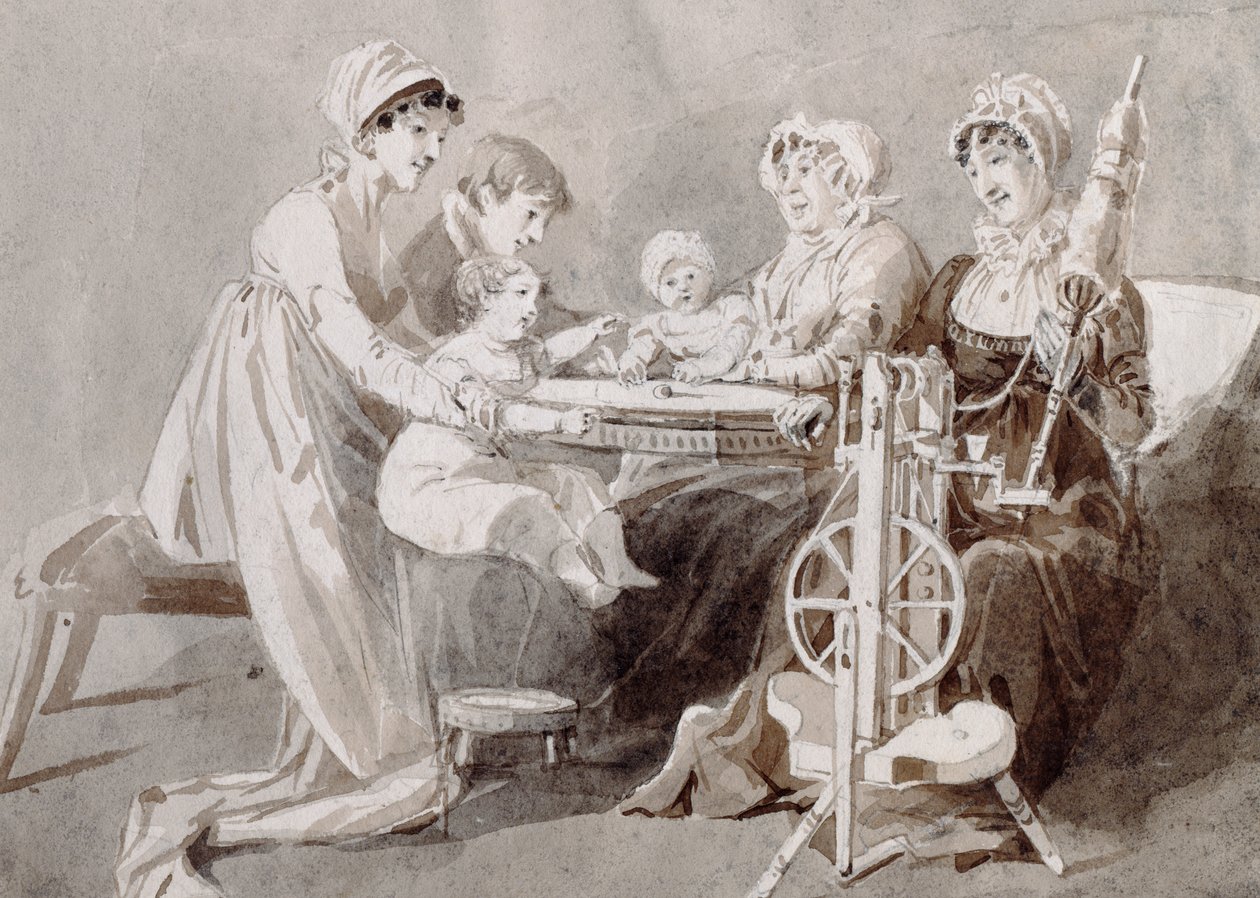Eine Frau mit ihrer Familie am Spinnrad von John Harden