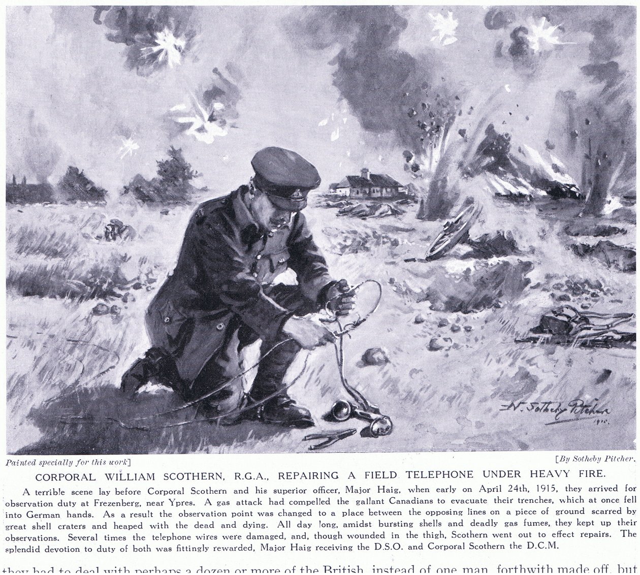 Korporal William Scothern RGA repariert ein Feldtelefon unter schwerem Beschuss, ausgezeichnet mit DCM Ypern Mai 1915 von John Harris Valda