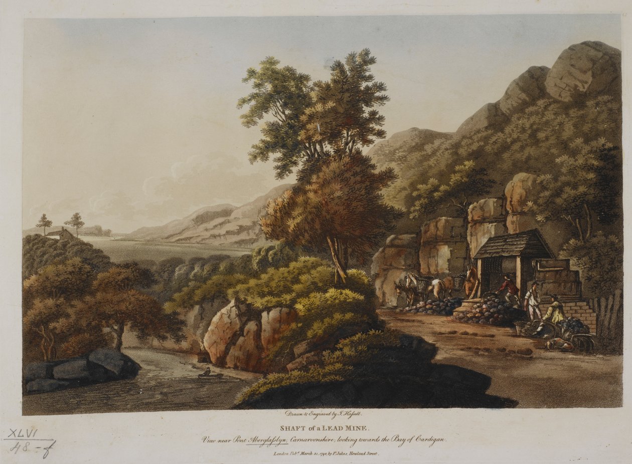 Schacht eines Bleibergwerks. Blick nahe Pont Aberglaslyn, Carnarvonshire, in Richtung der Bucht von Cardigan, veröffentlicht 1798 von John Hassell