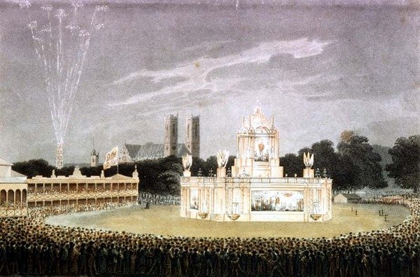 Feuerwerk in Green Park zur Feier des Sieges über Napoleon, graviert von Matthew Dubourg, veröffentlicht 1814 von John Heaviside (after) Clark