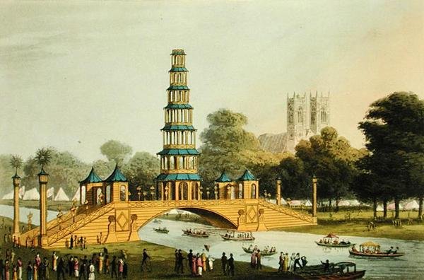 Die chinesische Brücke und Pagode, errichtet im Park zur Erinnerung an den glorreichen Frieden von 1814, graviert von Matthew Dubourg (fl. 1785-20) von John Heaviside (after) Clark