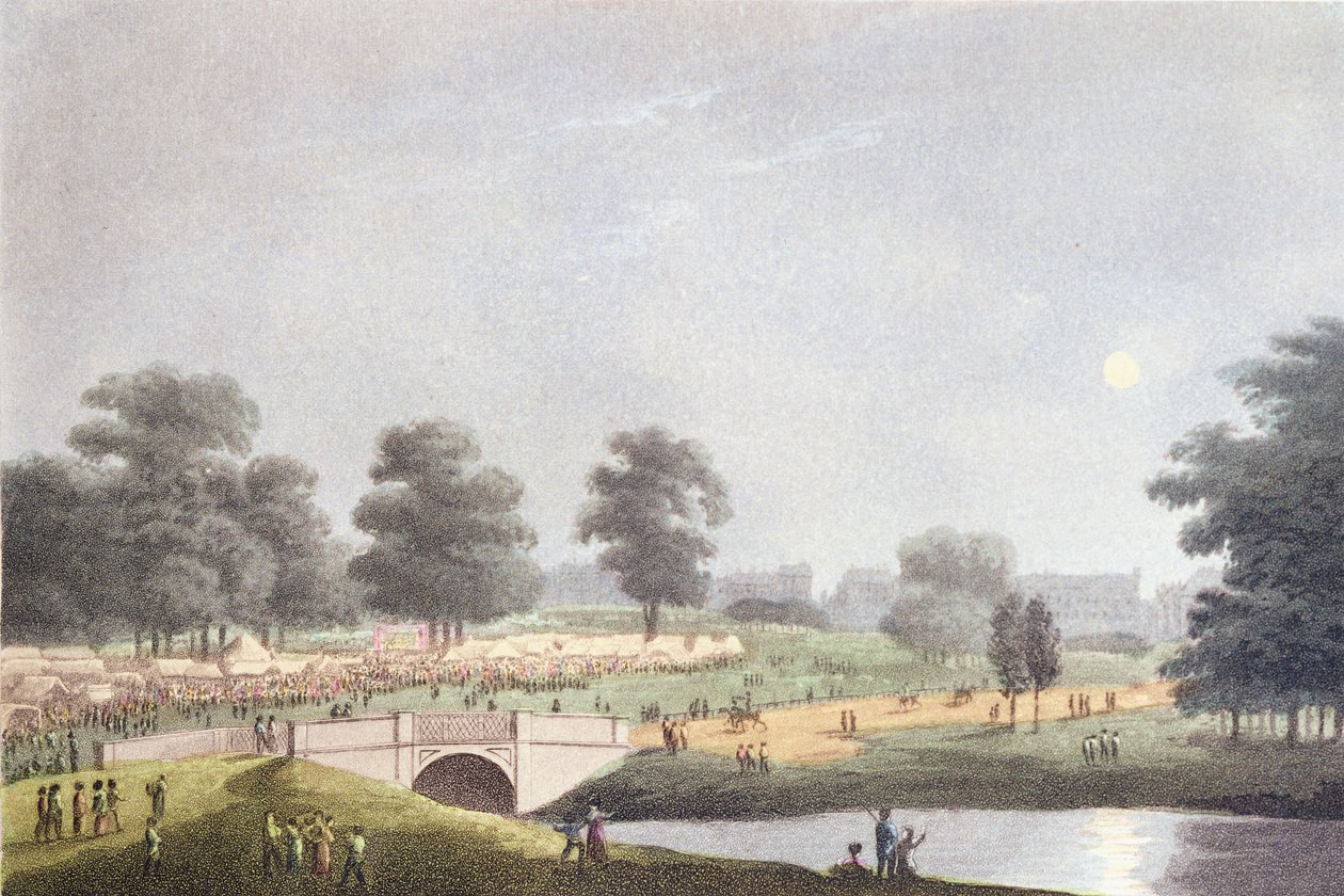 Die Ansicht des Jahrmarkts im Hyde Park, graviert von Matthew Dubourg, 1. August 1814 (kolorierter Kupferstich) von John Heaviside Clark