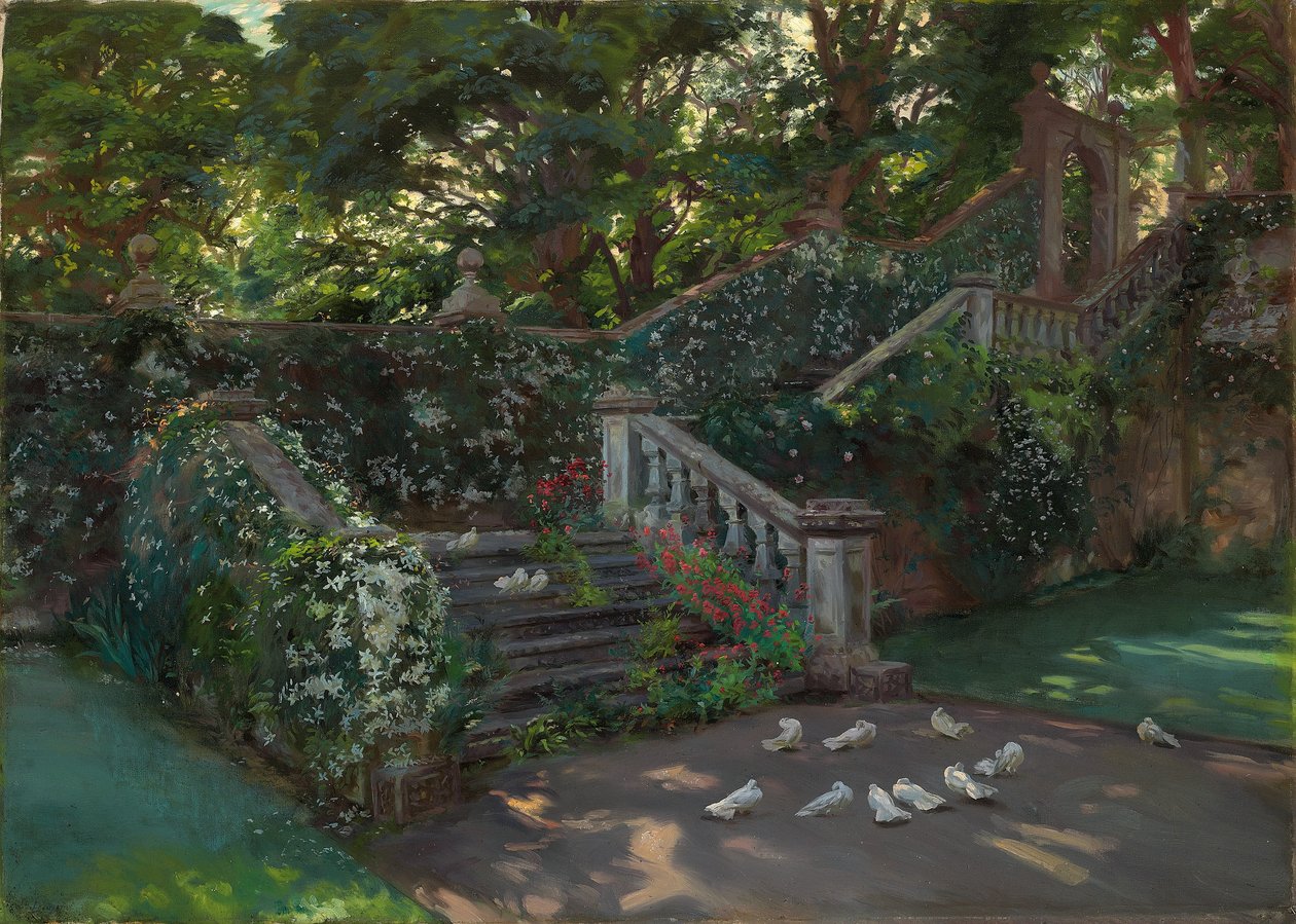 Die goldene Stunde: Die westliche Treppe zur oberen Terrasse in Balcaskie, Fife von John Henry Lorimer