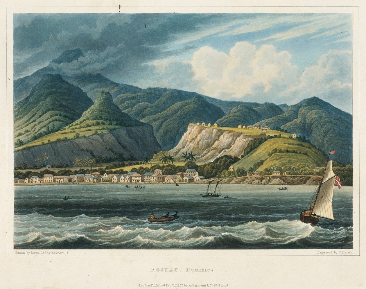 Die Stadt Roseau, Dominica (Karibik). Lithografie (32,2x46,6 cm) von Leutnant John Herbert Caddy (1801-1883) von John Herbert Caddy