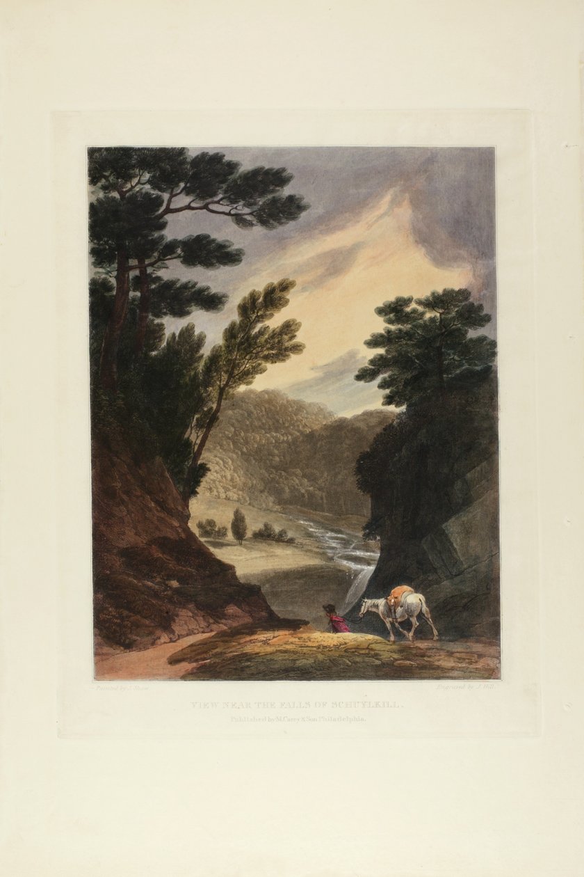 Ansicht in der Nähe der Schuylkill-Fälle, Pennsylvania, Platte fünf der ersten Nummer von Picturesque Views of American Scenery von John Hill