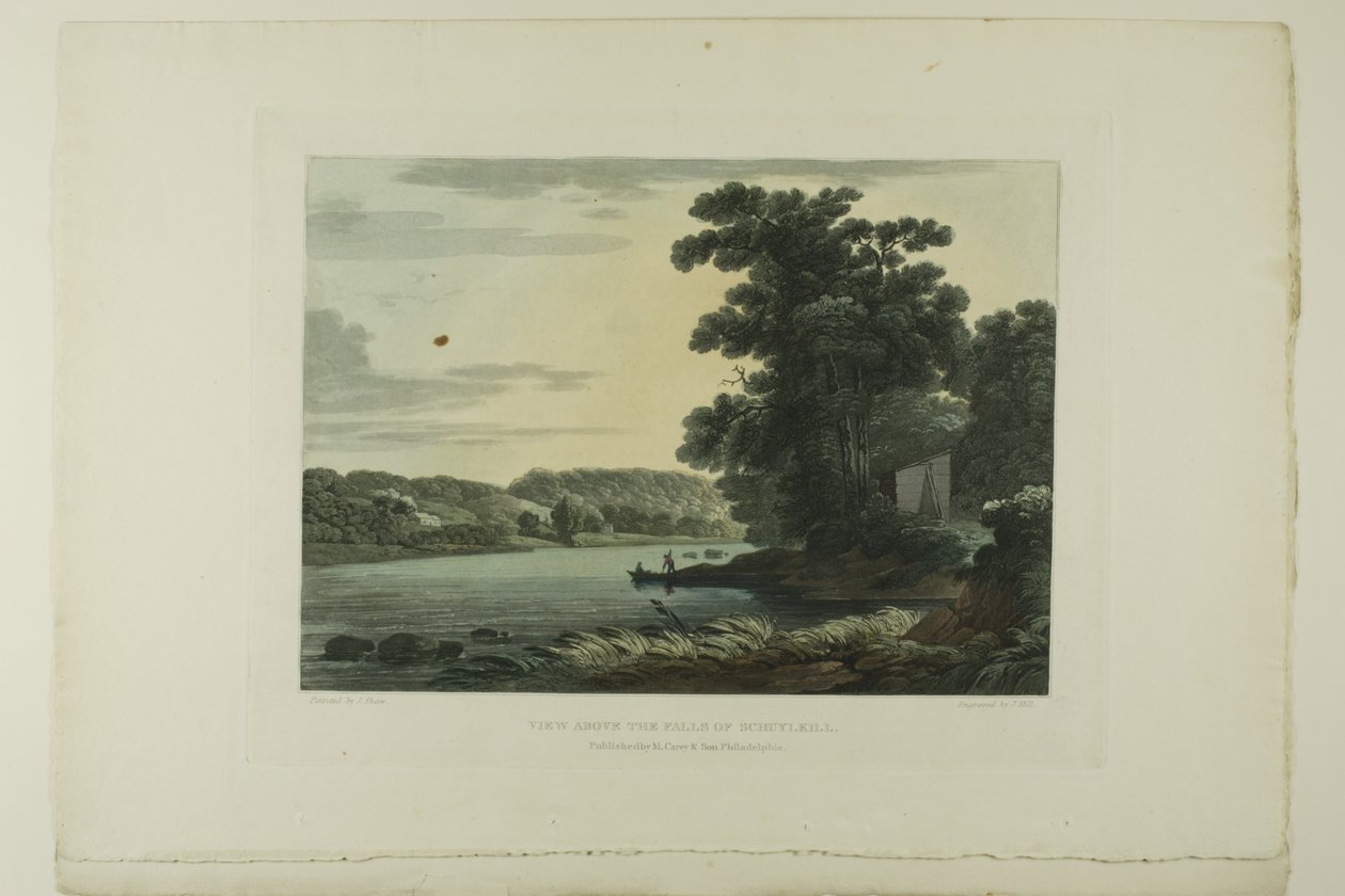 Blick über die Wasserfälle von Schuylkill, Platte drei der ersten Nummer von Picturesque Views of American Scenery von John Hill