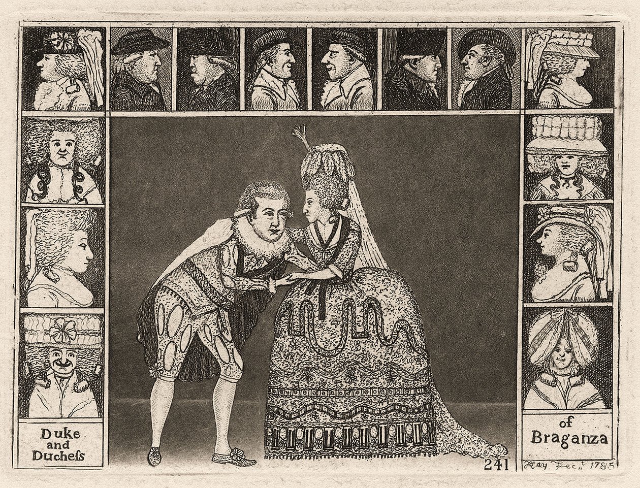 Mary Ann Yates und Laurence Clinch als Herzog und Herzogin von Braganza, umgeben von Mitgliedern des Publikums, 1785 von John Kay