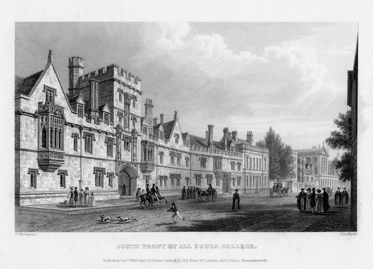 Südfront des All Souls College, Universität Oxford, 1834 von John Le Keux