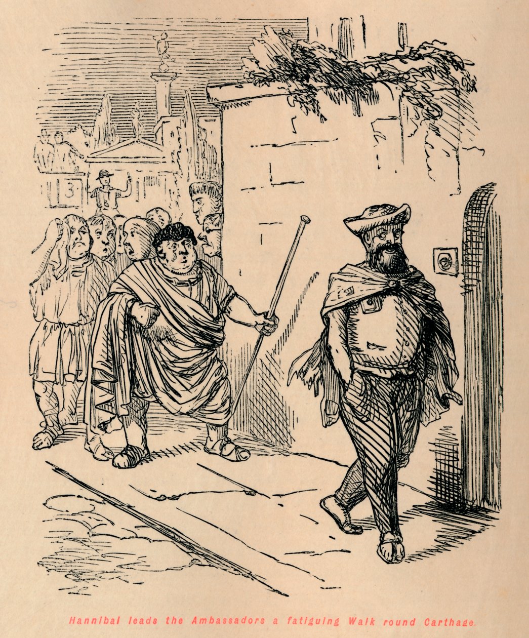 Hannibal führt die Botschafter zu einem ermüdenden Rundgang durch Karthago, 1852 von John Leech