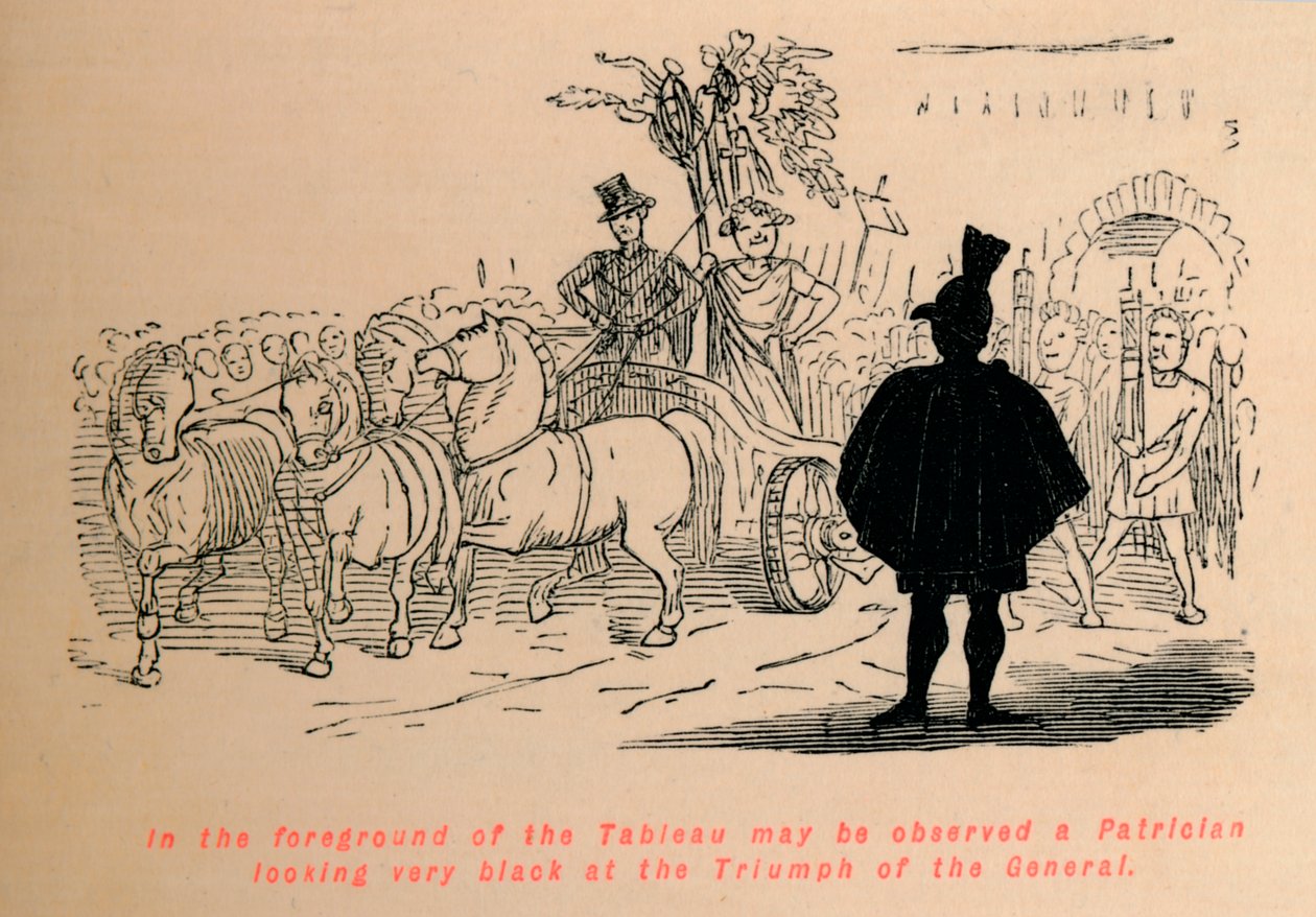 Im Vordergrund des Tableaus ist ein Patrizier zu sehen, der sehr schwarz auf den Triumph schaut von John Leech