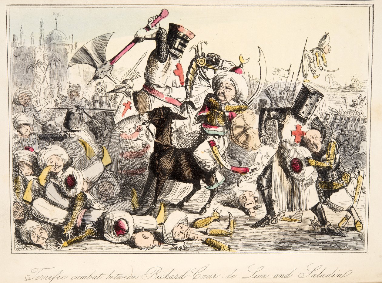 Schrecklicher Kampf zwischen Richard Löwenherz und Saladin, aus The Comic History of England, veröffentlicht 1864 (handkolorierte Radierung) von John Leech
