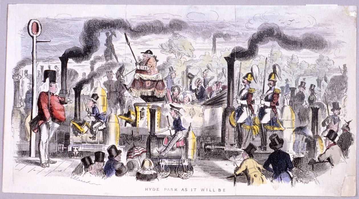 Ansicht des Hyde Parks, die das Aufkommen der Dampflokomotive satirisch darstellt, London, ca. 1850 von John Leech