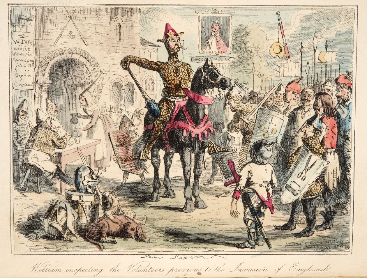 Wilhelm der Eroberer inspiziert die Freiwilligen vor der Invasion Englands, aus The Comic History of England, veröffentlicht 1864 (handkolorierte Radierung) von John Leech