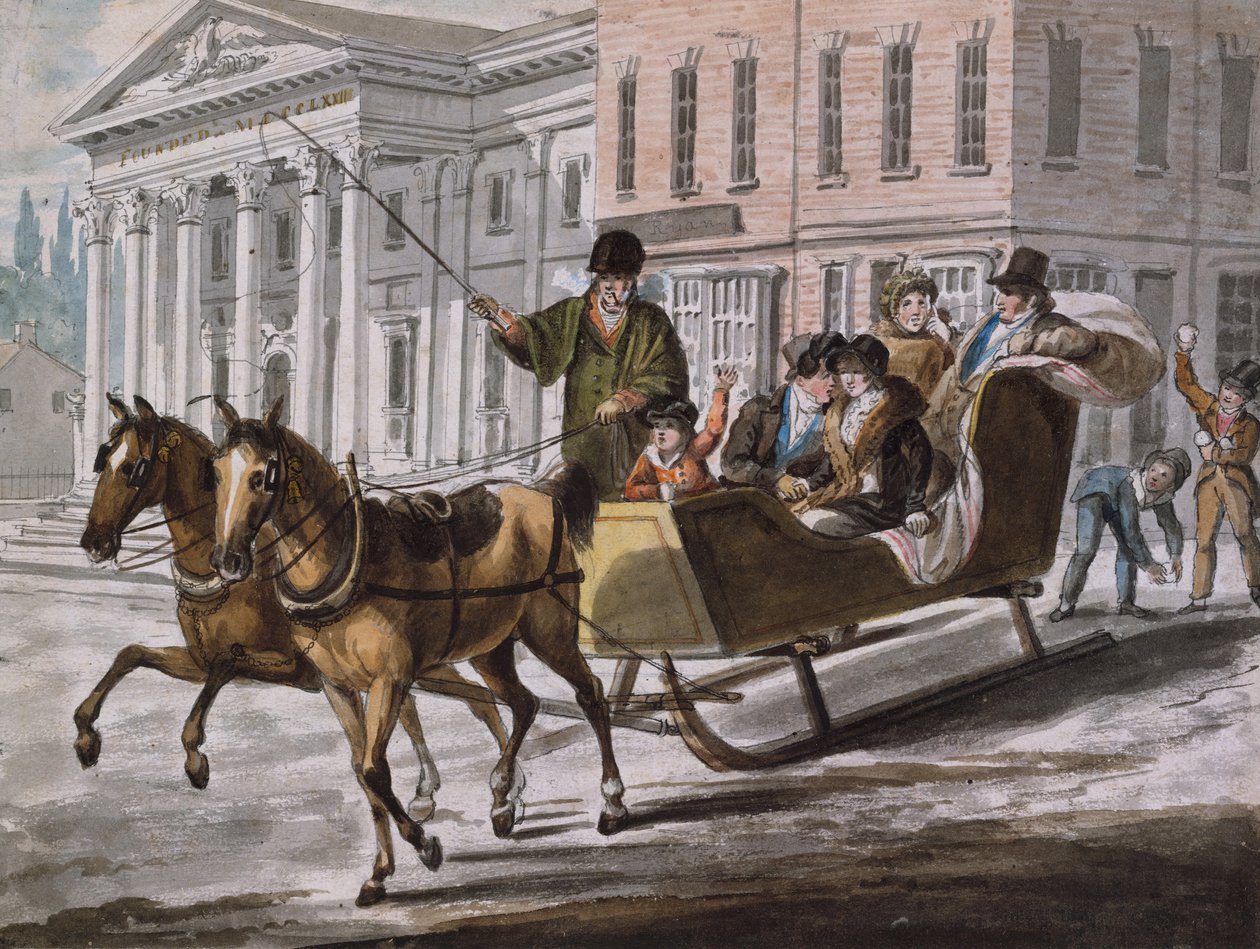 Winterszene in Philadelphia—Die Bank der Vereinigten Staaten im Hintergrund von John Lewis Krimmel