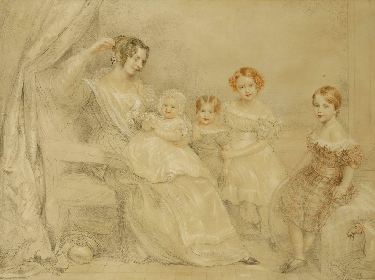 Porträt von Mrs. W.S. Fry und ihren vier Kindern: Emma, Willy, Julie und Georgina, sitzend in einem Innenraum, 1840 von John Linnell