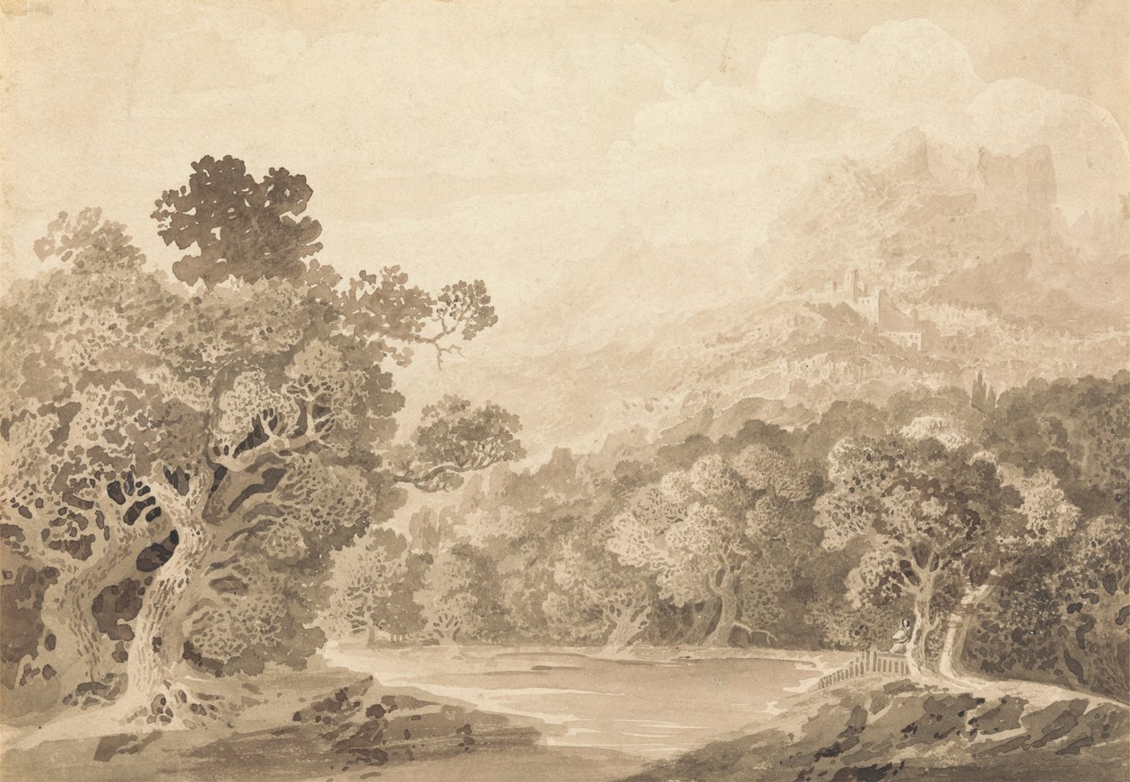 Bewaldetes Flussufer, Hügelstadt und Berggipfel in der Ferne von John Martin