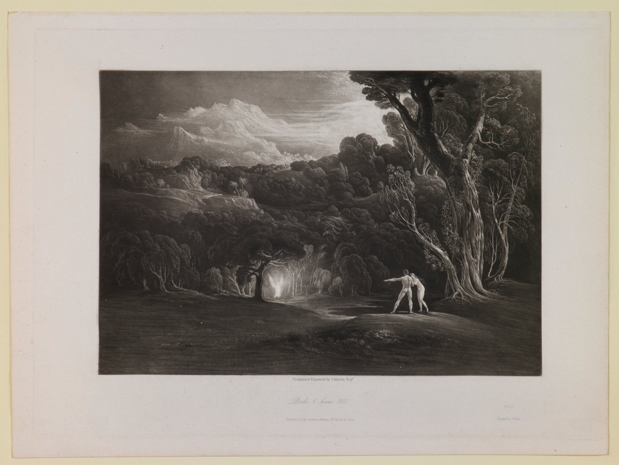 Paradies - mit dem Herannahen des Erzengels Raphael (Buch 5, Zeile 308), aus „Das verlorene Paradies“ von John Martin