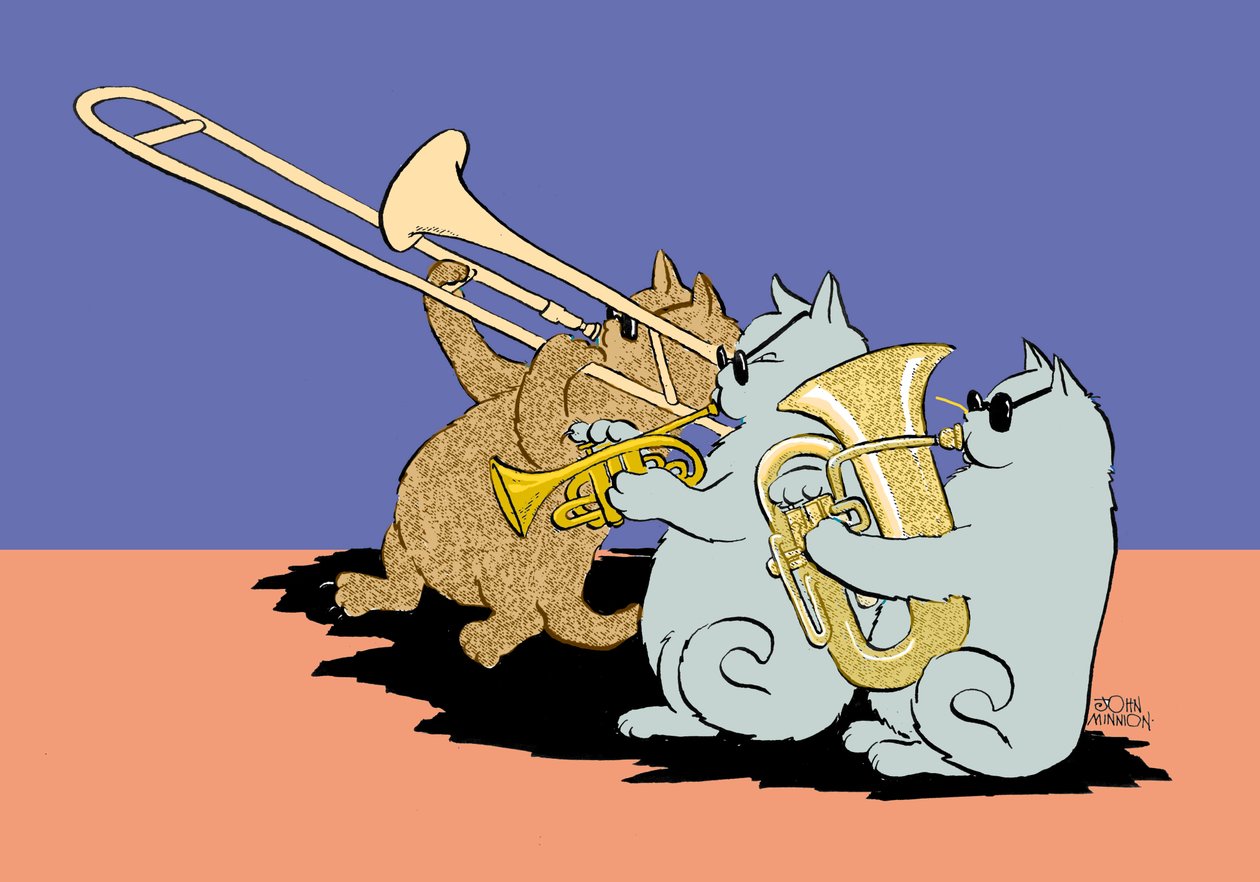 Karikatur von drei Katzen mit Sonnenbrillen, die Posaune, Trompete und Tuba spielen von John Minnion