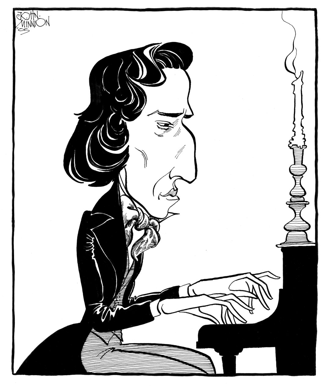 Fryderyk Chopin - Karikatur des polnischen Komponisten und Pianisten am Klavier von John Minnion