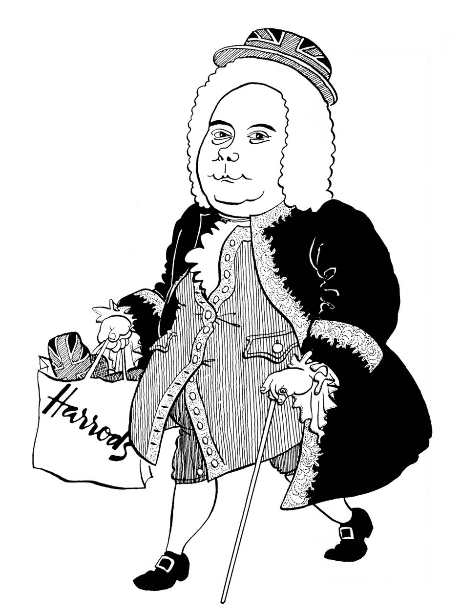 Georg Friedrich - George Frideric Handel, Karikatur des deutschen (später englischen) Komponisten mit Union Jack Hut und Harrods Tasche von John Minnion