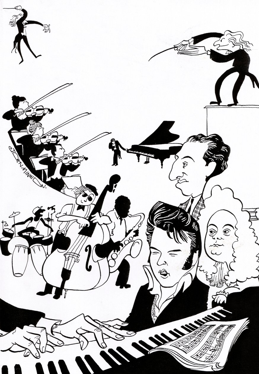 Musik Fantasie - Cover für Musikbuch oder Artikel - mit Dirigenten, Musikern, Instrumenten, Violine, Schlagzeug, Kontrabass, Saxophon, Klavier, Partitur, Elvis, Bach von John Minnion