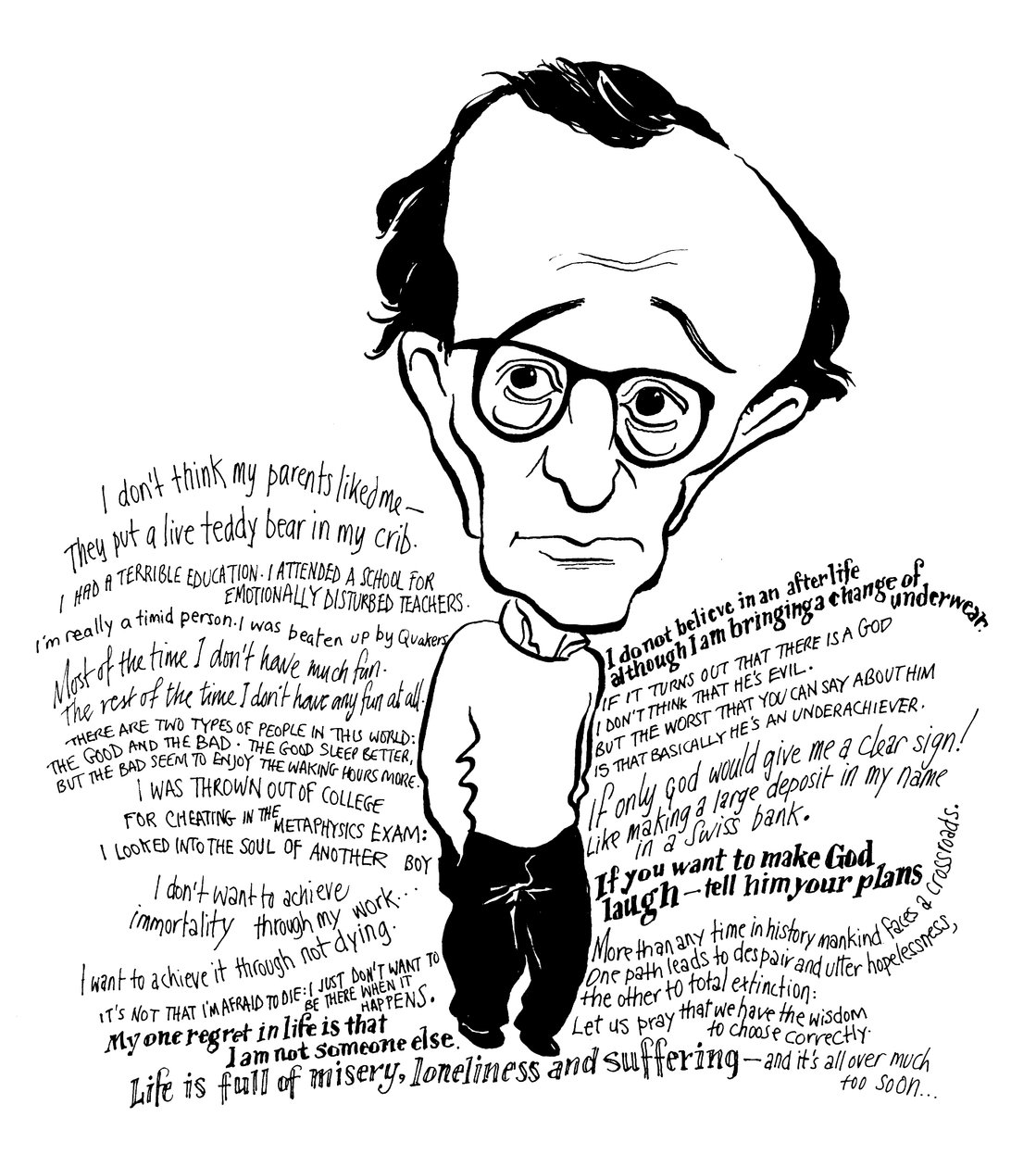 Woody Allen Karikatur, amerikanischer Filmregisseur, Schriftsteller, Schauspieler, Komiker und Dramatiker von John Minnion