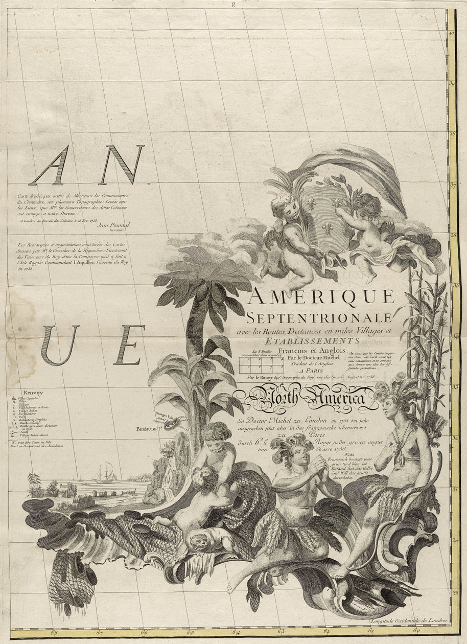 Eine Karte der britischen und französischen Herrschaftsgebiete in Amerika, 1756 von John Mitchell