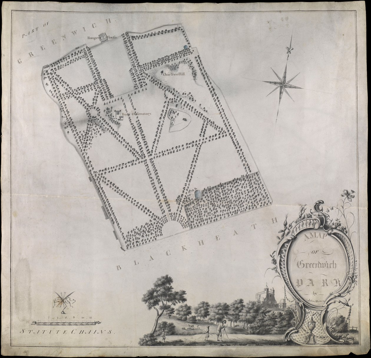 Plan des Greenwich Parks, zeigt das Royal Observatory, One Tree Hill und das Ranger