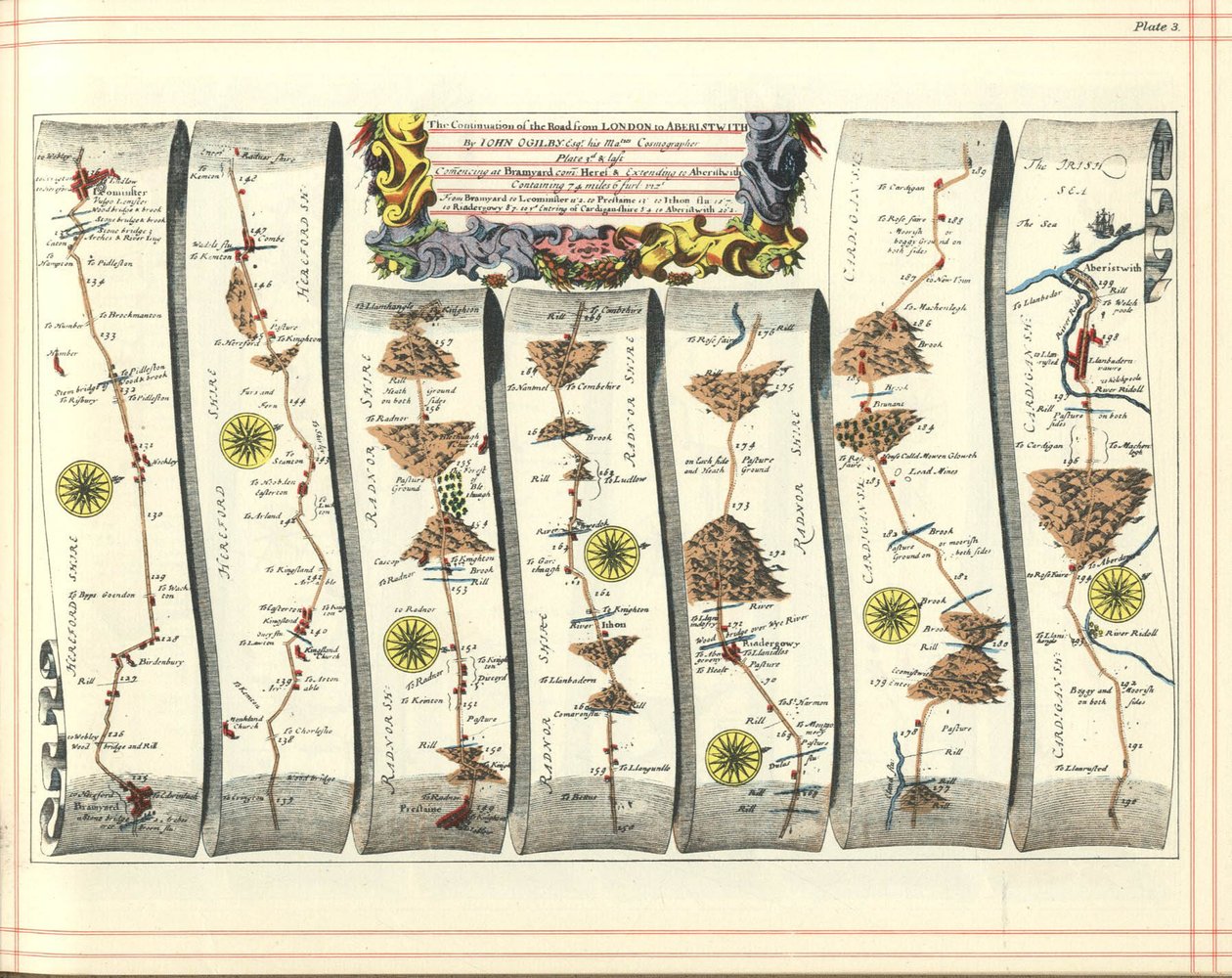 Britannia-Atlas: Die Fortsetzung der Straße von London nach Aberystwyth, 1675 von John Ogilby