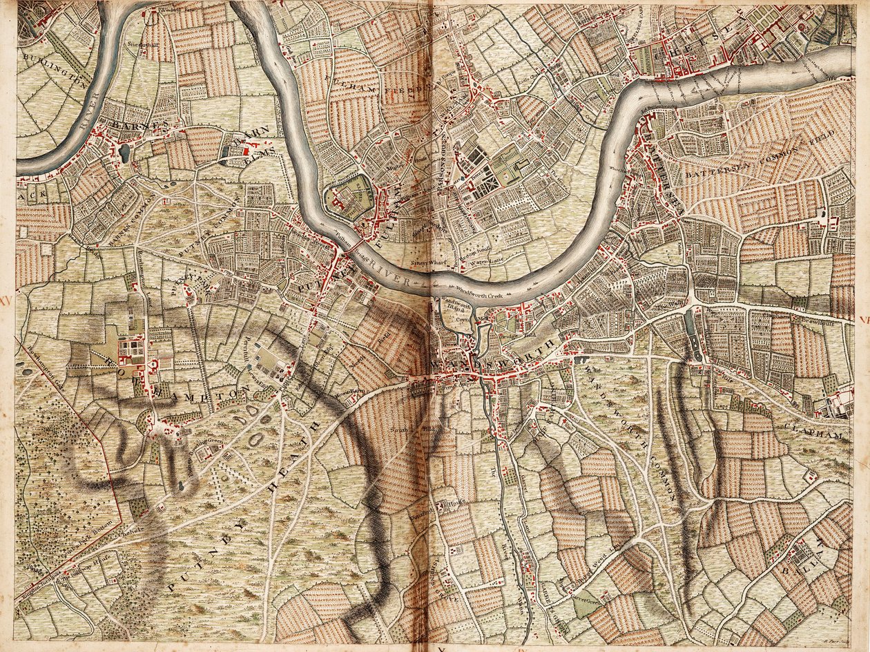 Karte von Barnes, Battersea, Putney und Wandsworth von John Rocque