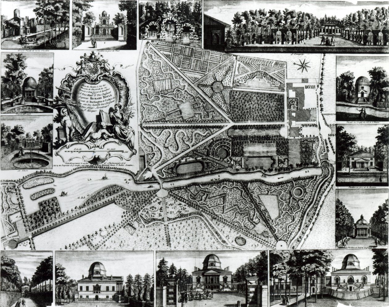 Plan des Gartens und Ansicht der Häuser in Chiswick am Thames von John Rocque