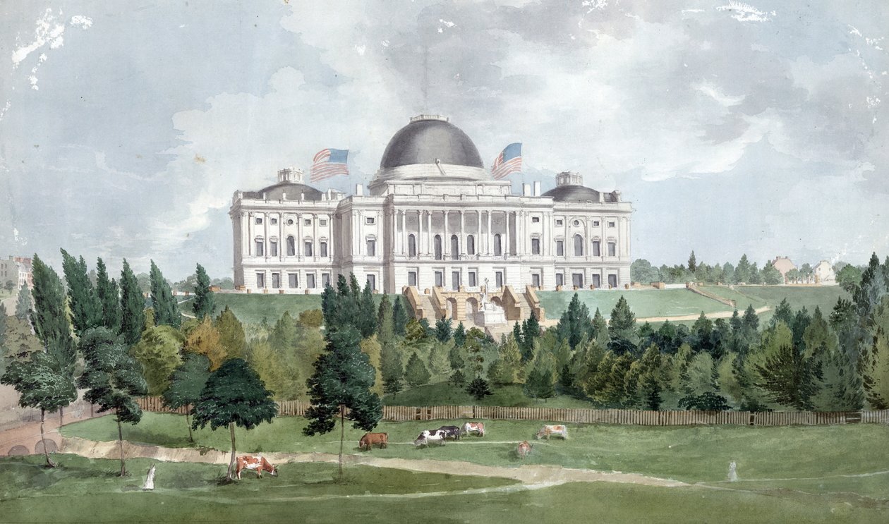 Westfront des Kapitols der Vereinigten Staaten mit Kühen im Vordergrund 1831 von John Rubens Smith
